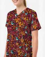 Autumn Fall Maple Leaves Bluebird Nurse Scrub Top