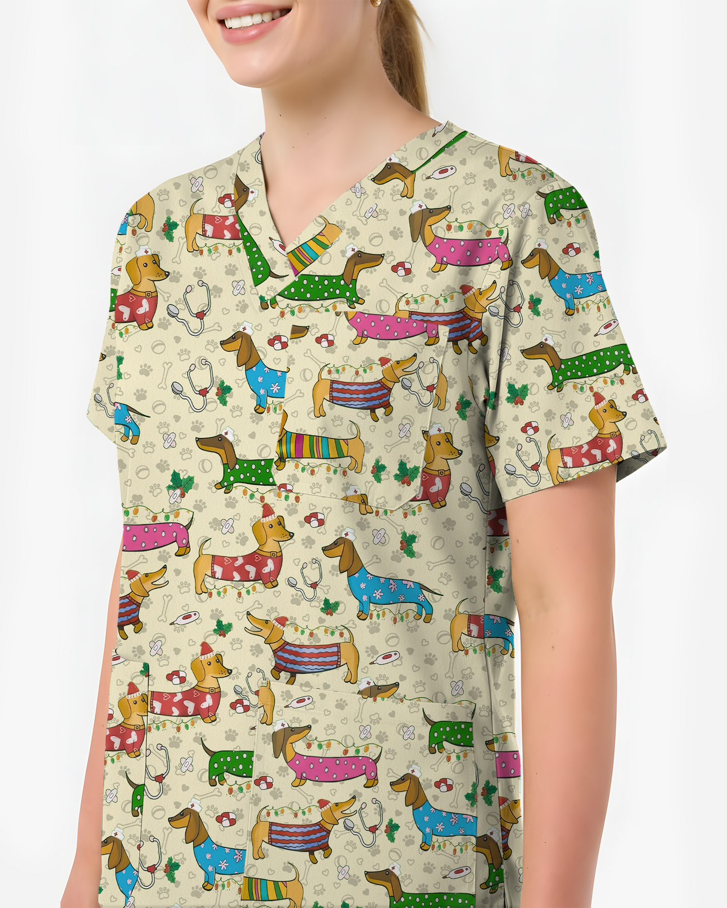 Christmas Dachshund Dog Nursing Scrub Top