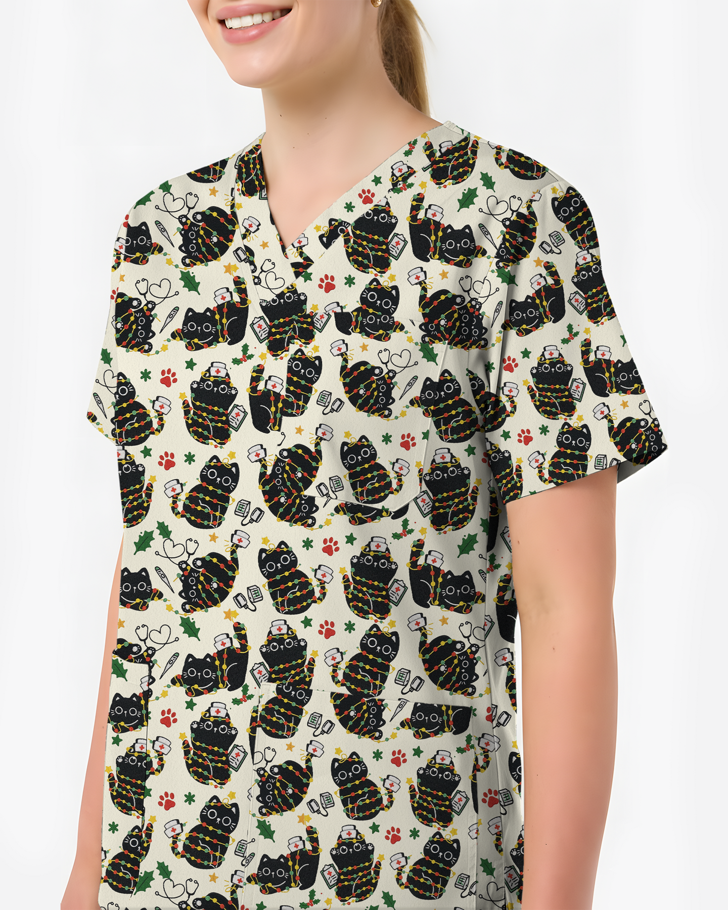 Merry Catmas Christmas Lights Black Cat Scrub Top