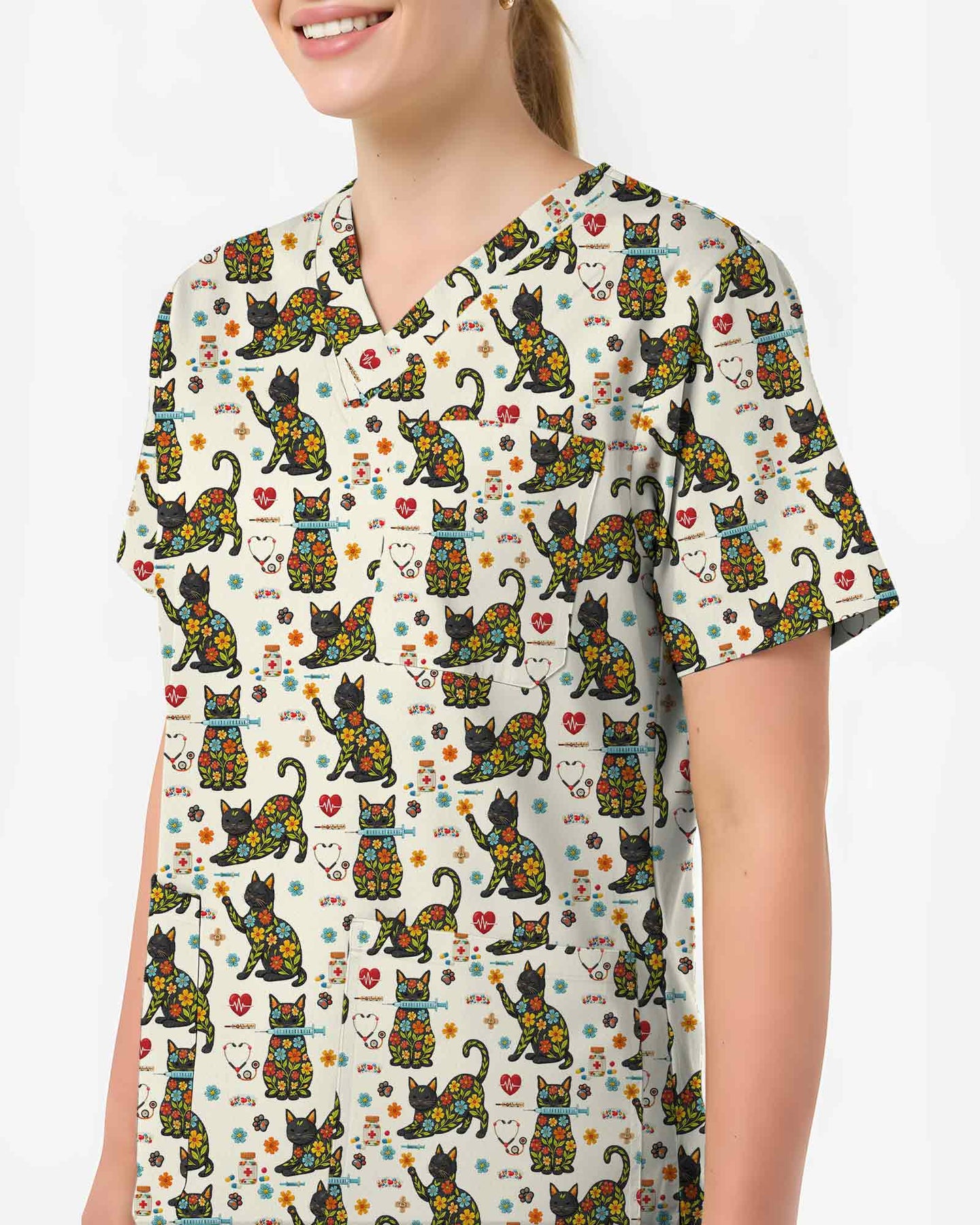 Floral Black Cat Medical Scrub Top