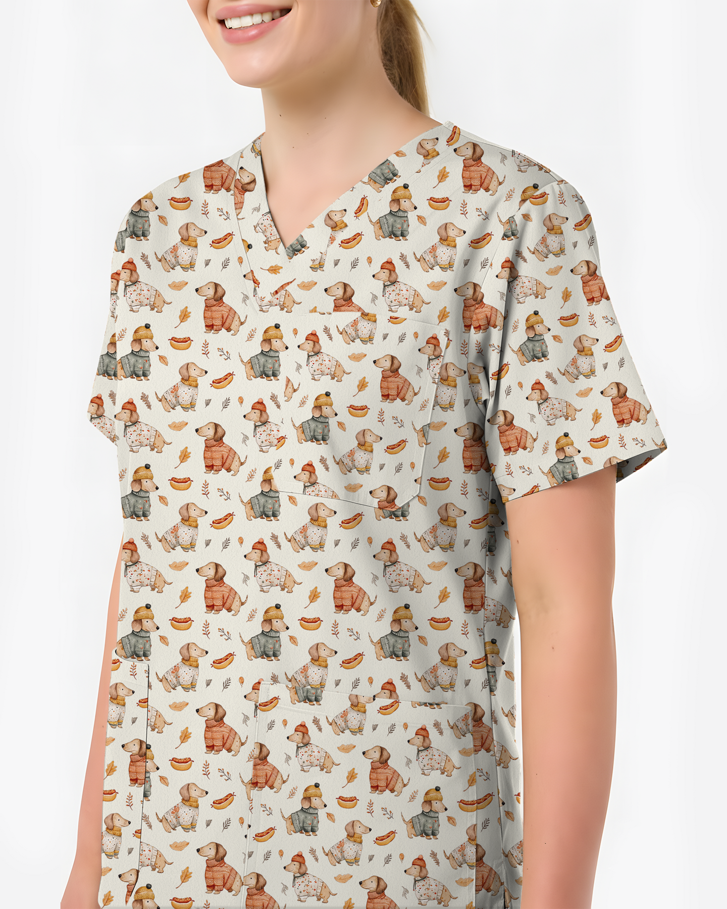 Autumn Dachshund Sweater Weather Nurse Scrub Top