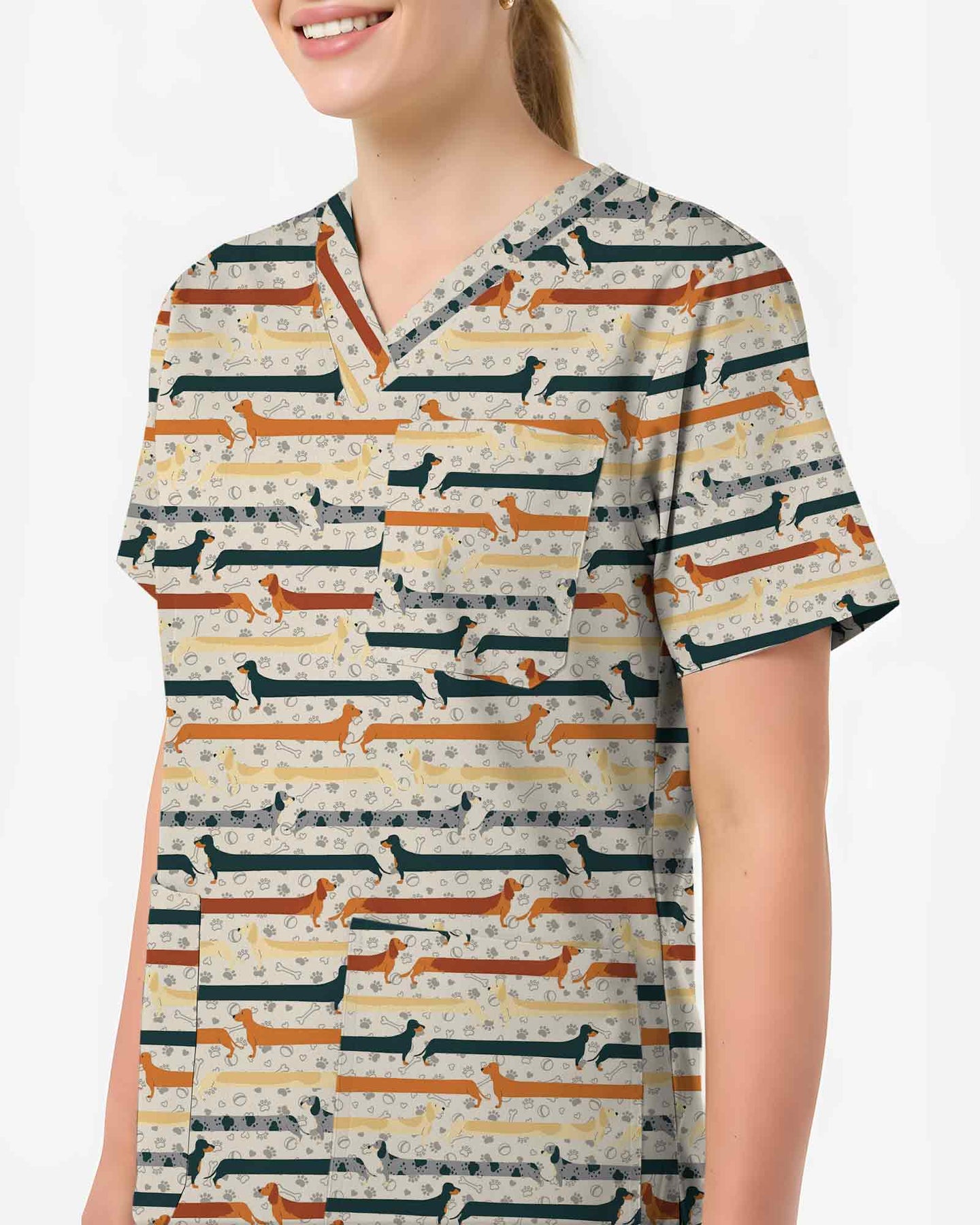 Playful Dachshund Striped Scrub Top