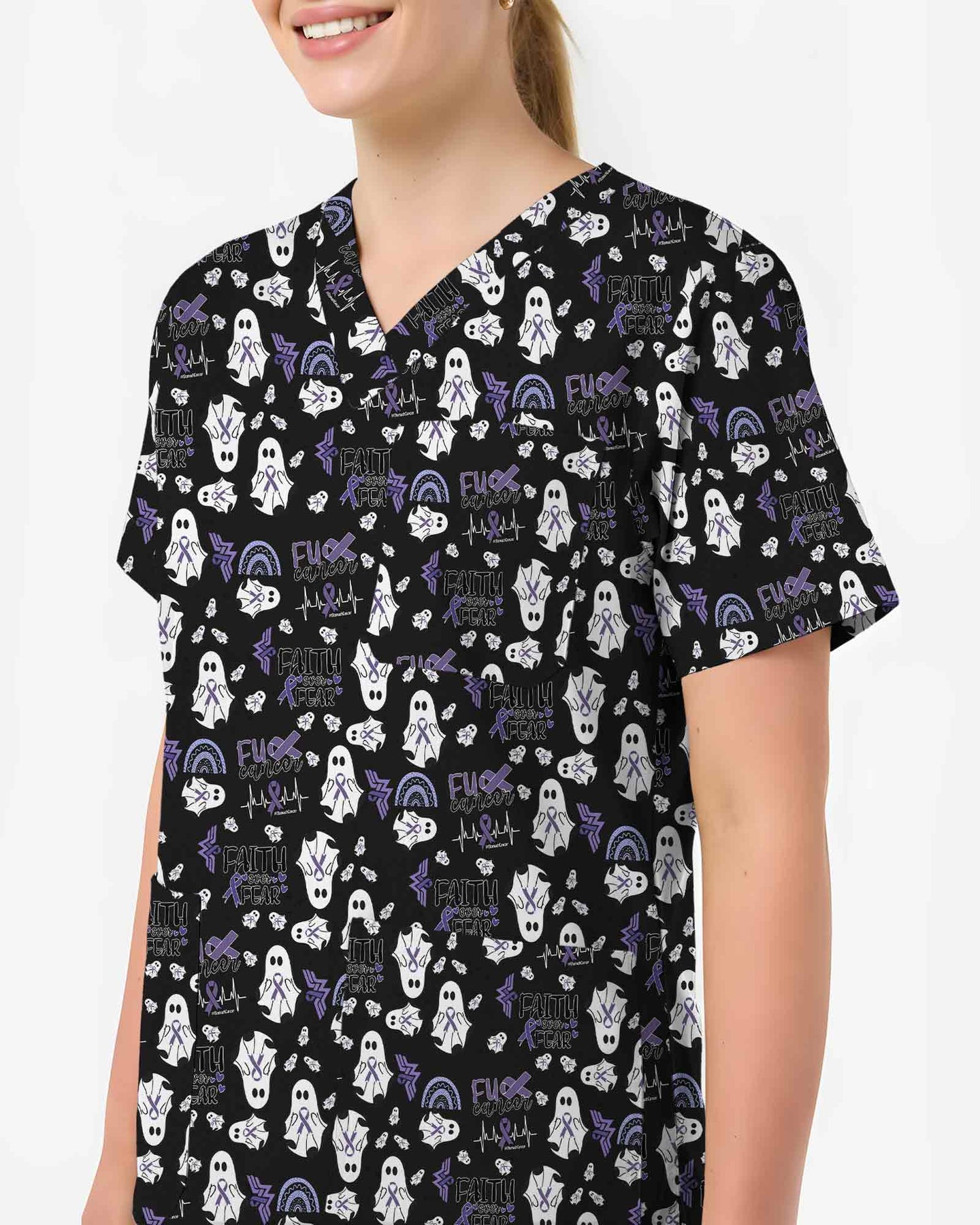 Faith Over Fear Purple Ribbon Cancer Awareness Scrub Top