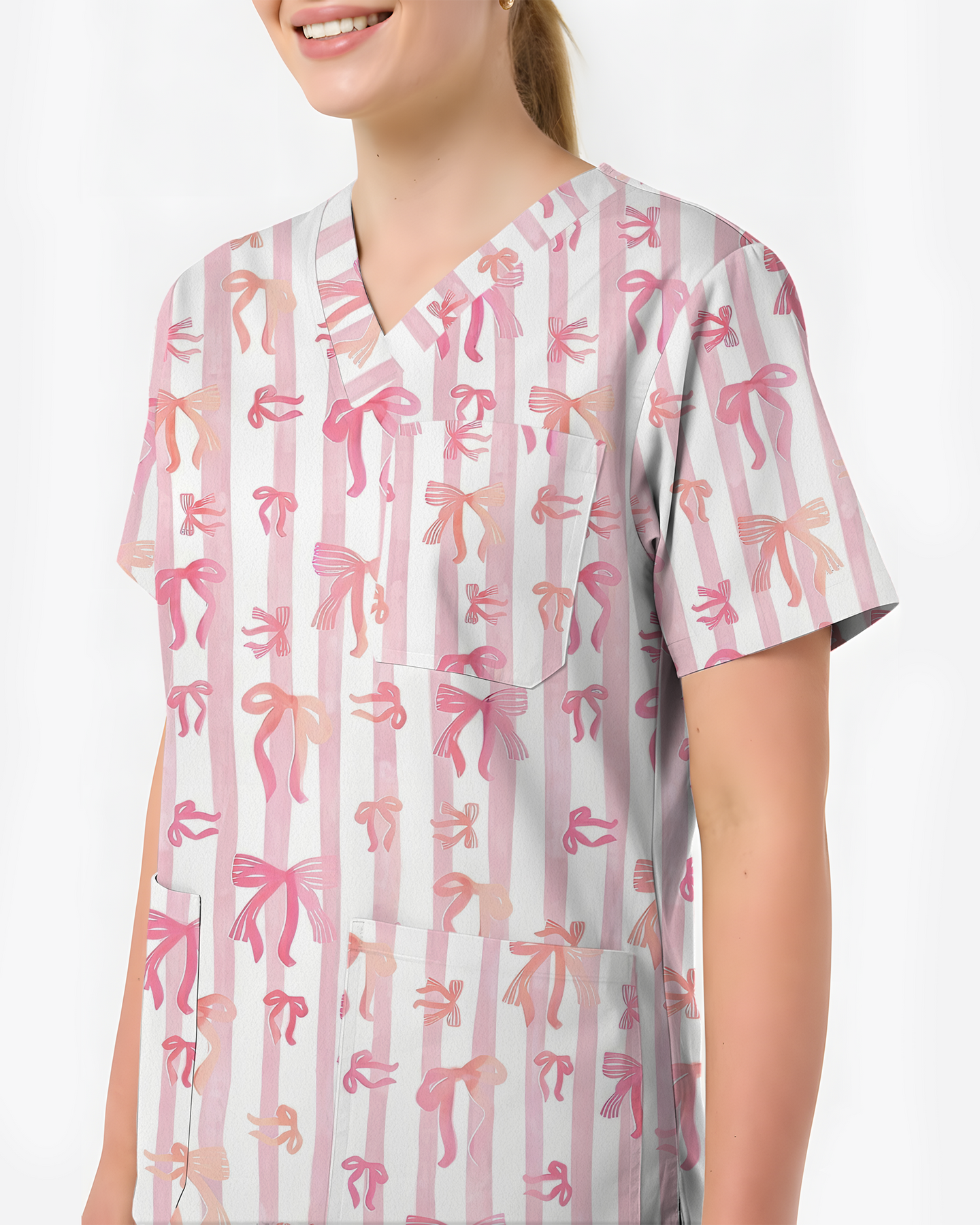 Pink Coquette Ribbon Bow Nurse Scrub Top