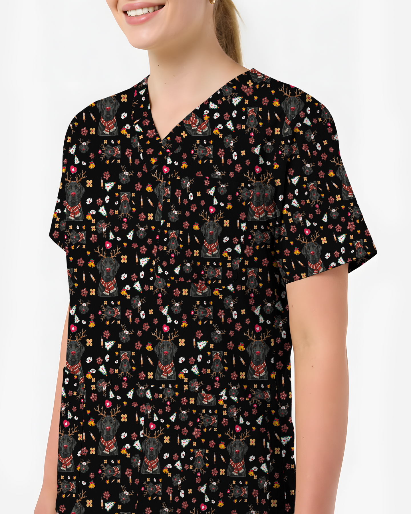 Funny Black Lab Reindeer Scrub Top