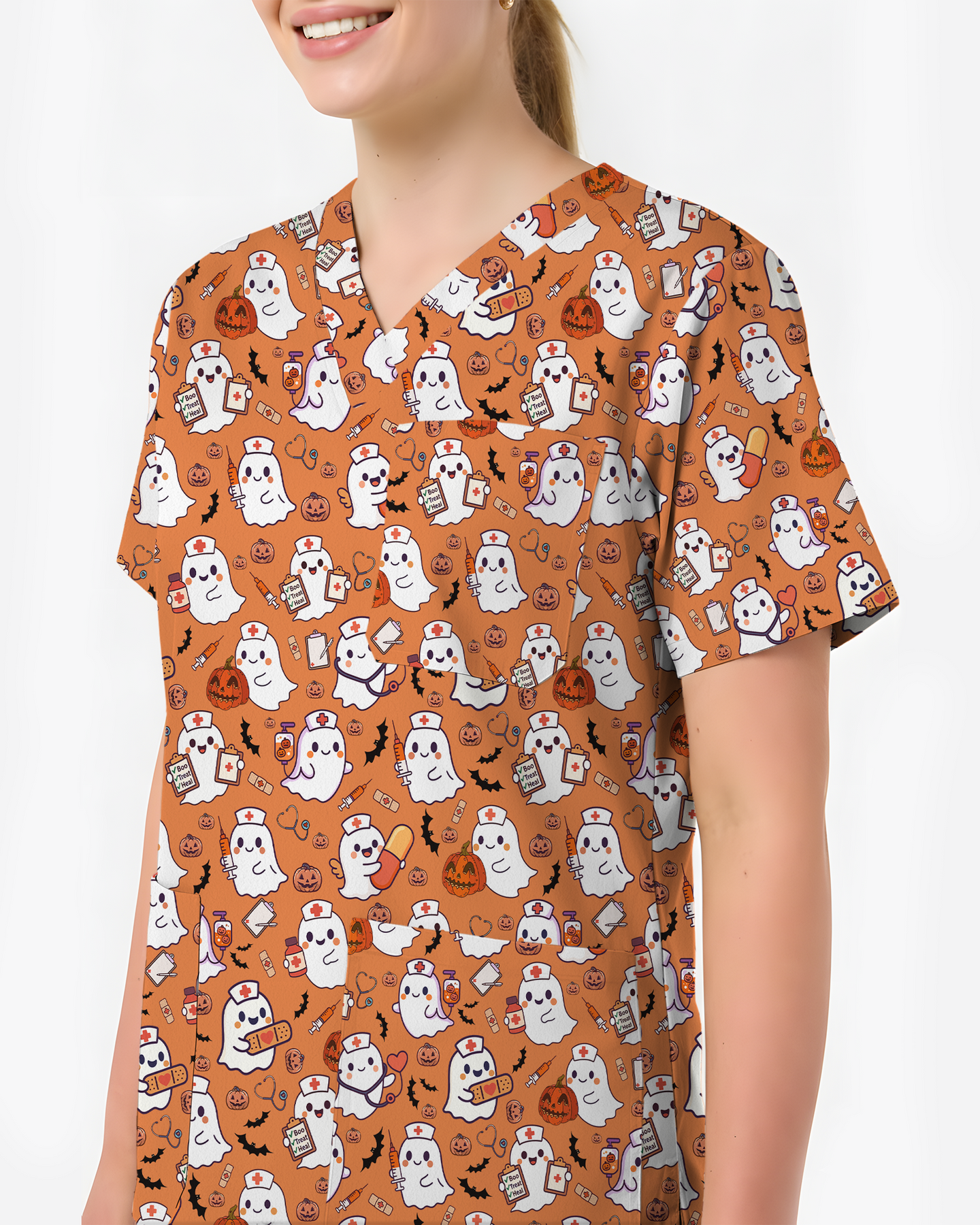 Spooky Cute Ghost Nurse Halloween Scrub Top