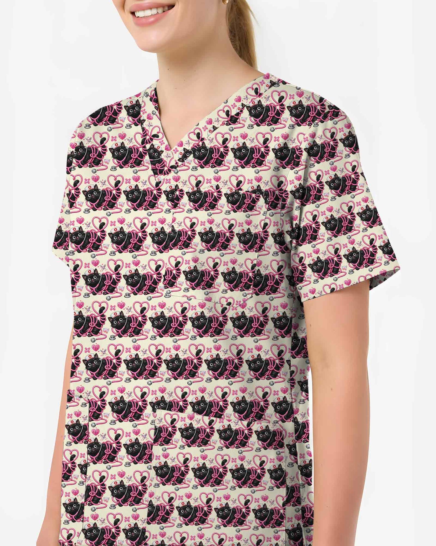 Black Cat Heart Stethoscope Medical Scrub Top