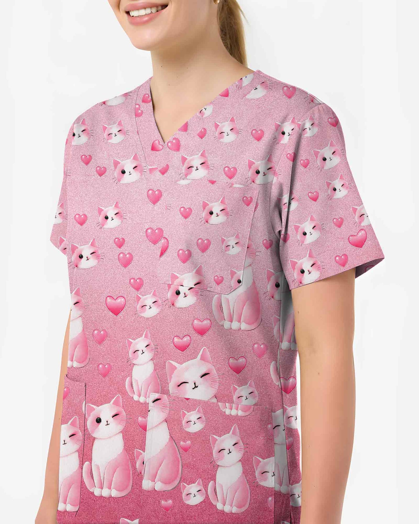 Cute Cats and Hearts Valentine Scrub Top