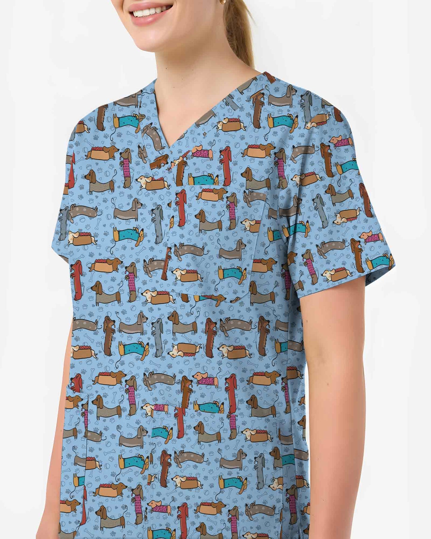 Cartoon Dachshund & Hot Dog Scrub Top