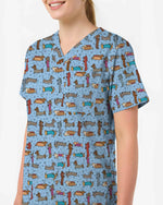 Cartoon Dachshund & Hot Dog Scrub Top