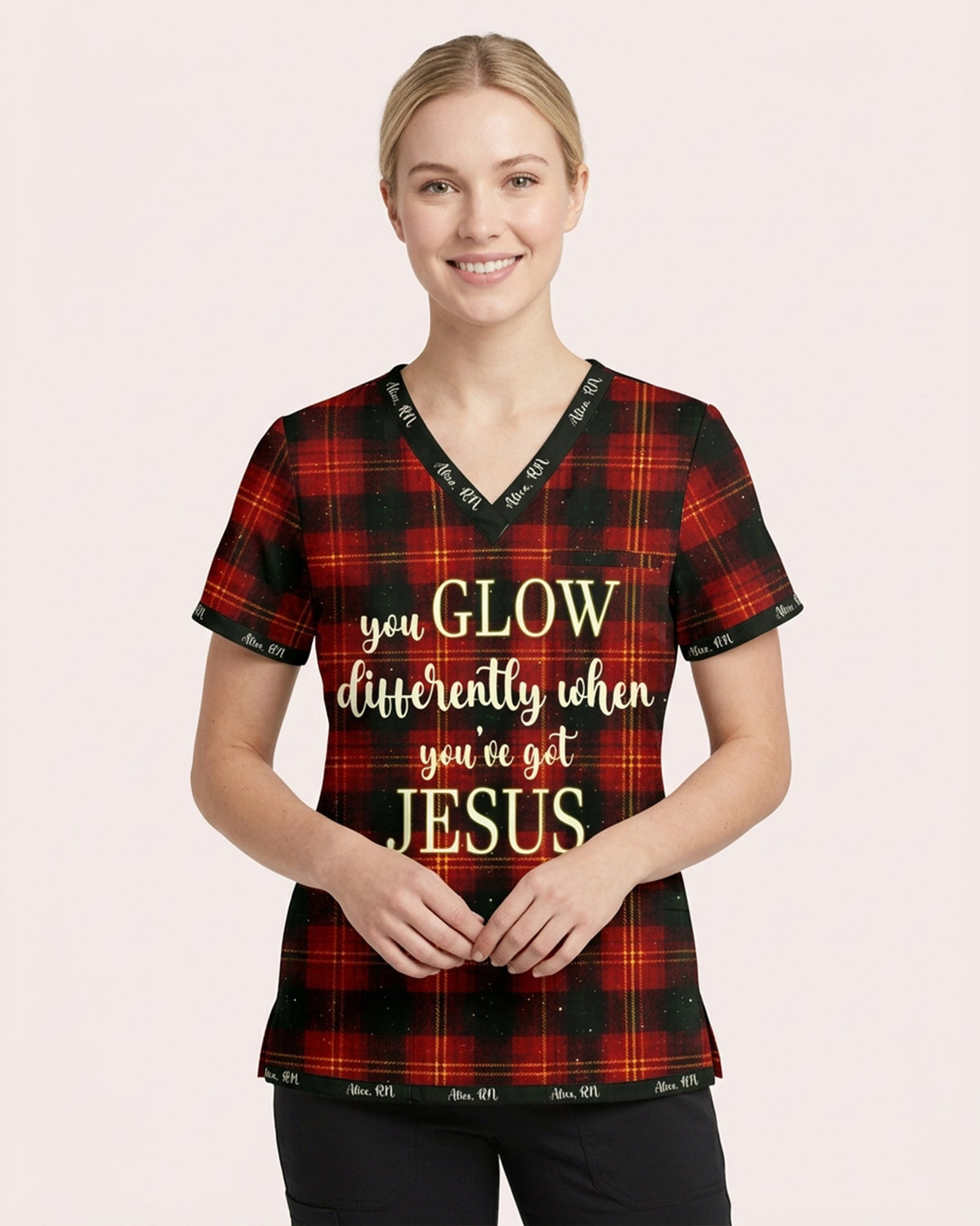 Personalized Name And Specialty You Glow Differently When You've Got Jesus Plaid Pattern Christmas Gift For Nurse Top
