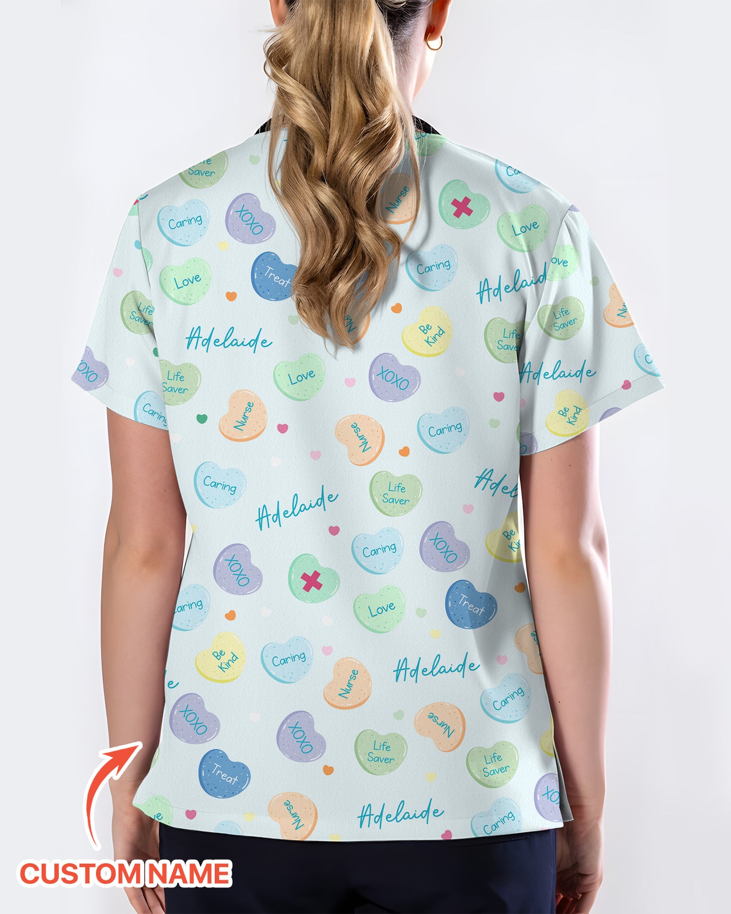 Personalized Candy Hearts Nurse Style Women Scrub Top