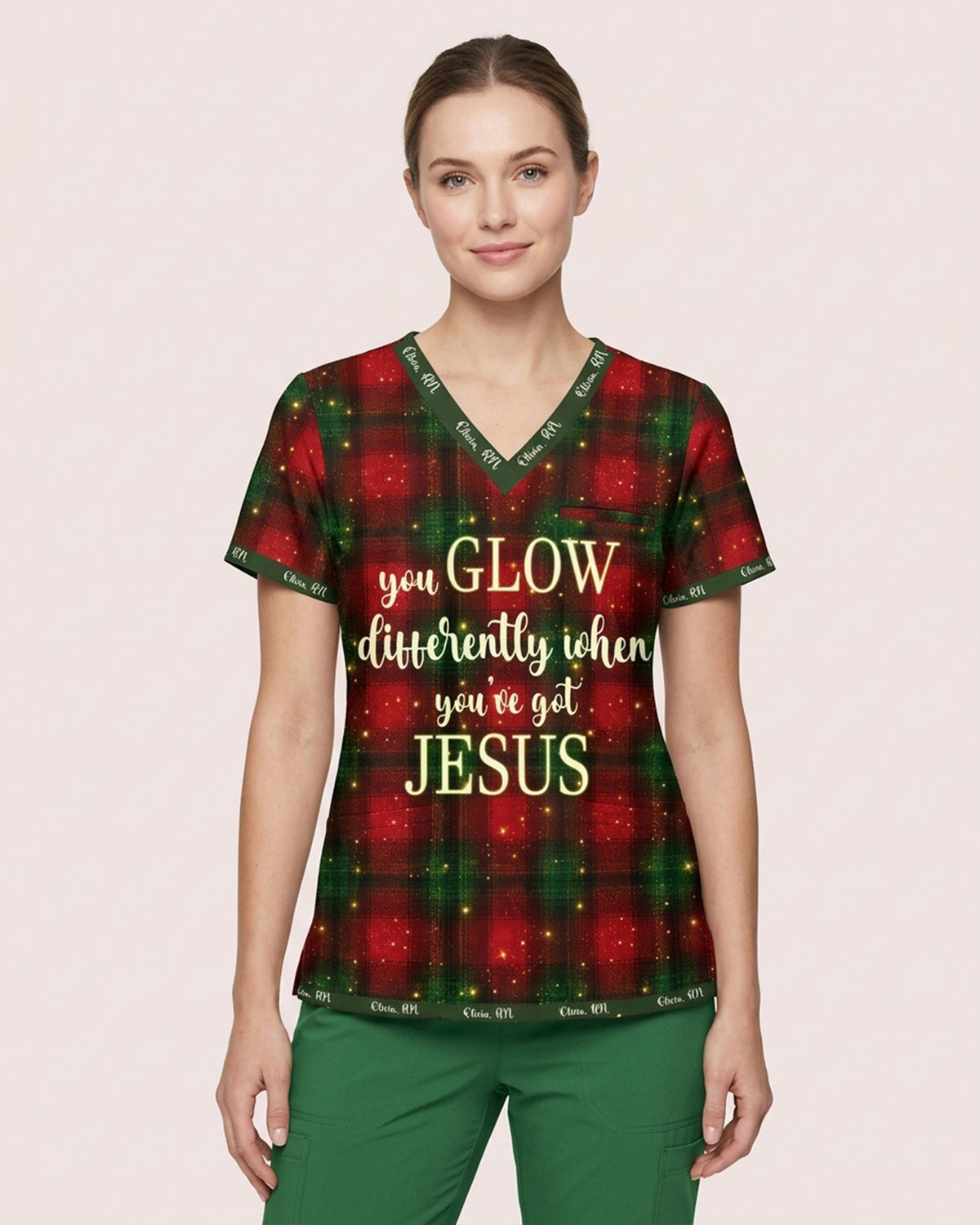 Personalized Name And Specialty You Glow Differently When You've Got Jesus Plaid Pattern Christmas Gift For Nurse Top