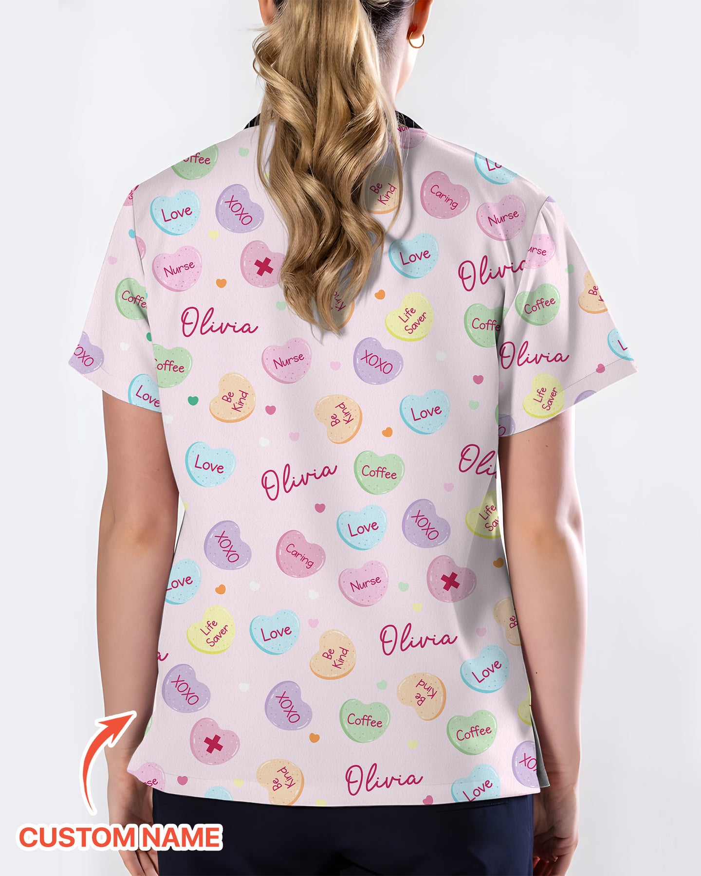 Personalized Candy Hearts Nurse Style Women Scrub Top
