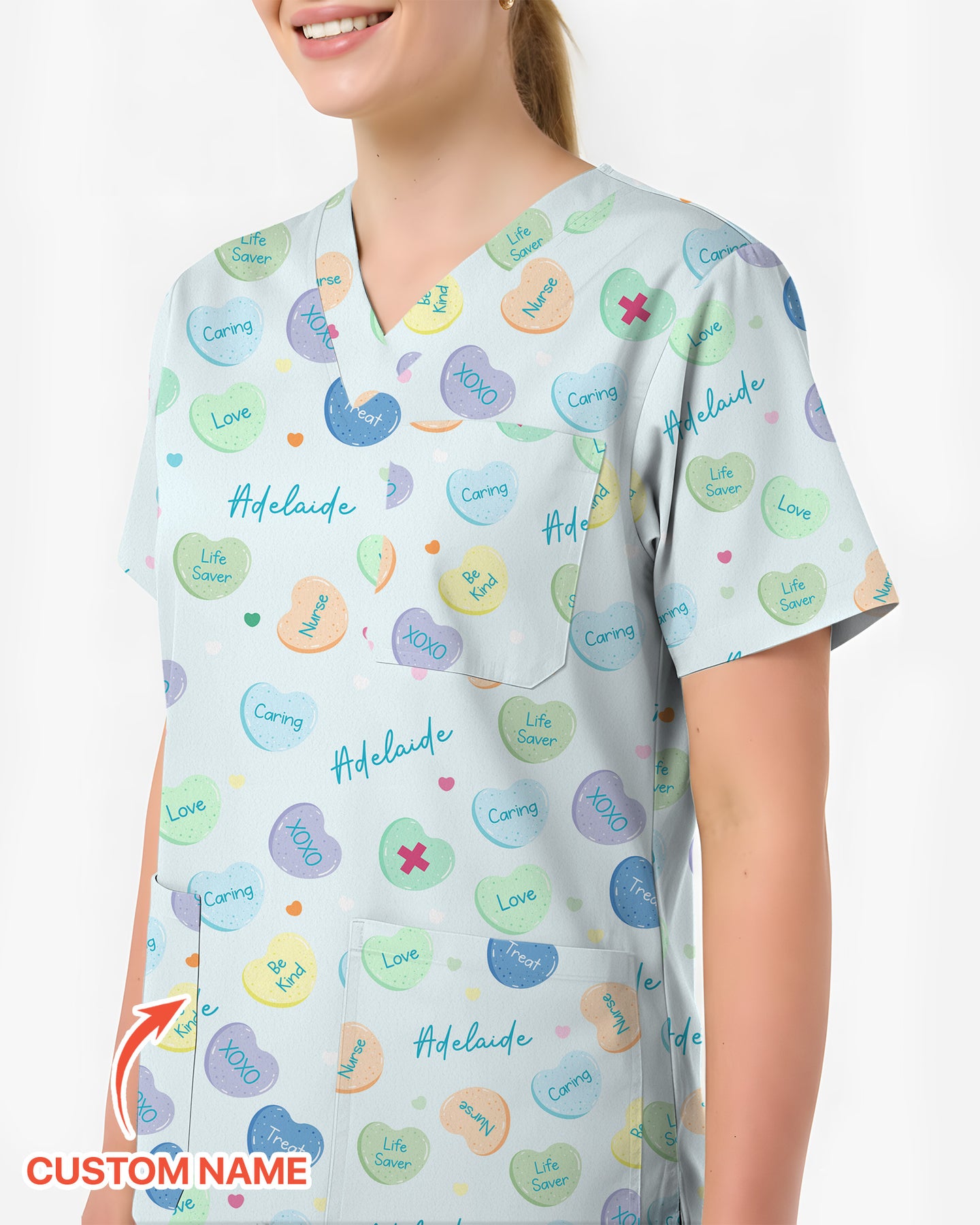 Personalized Candy Hearts Nurse Style Women Scrub Top