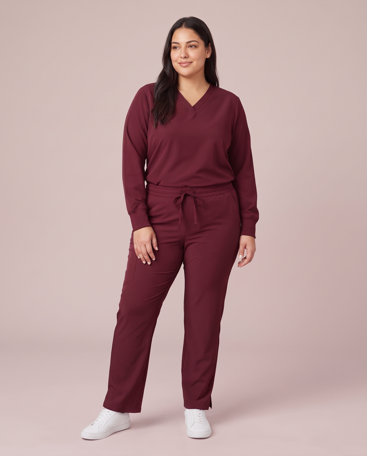 Long-Sleeve 6-Pocket V-neck Top Burgundy