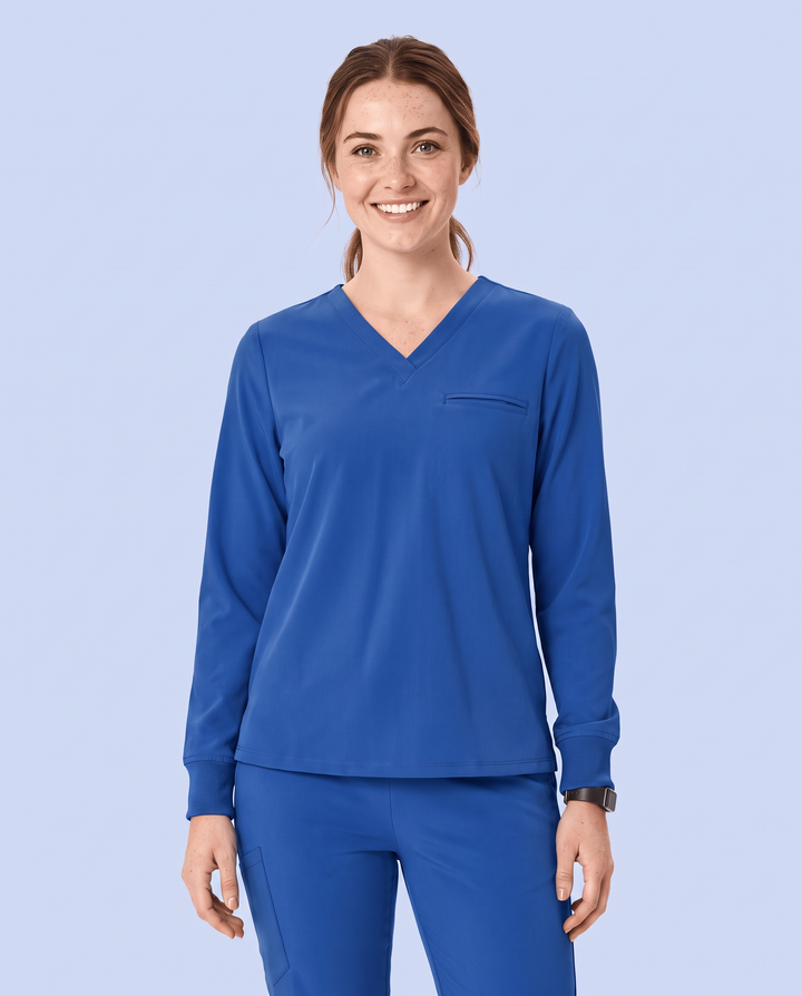 Long-Sleeve One-Pocket V-neck Top Royal Blue