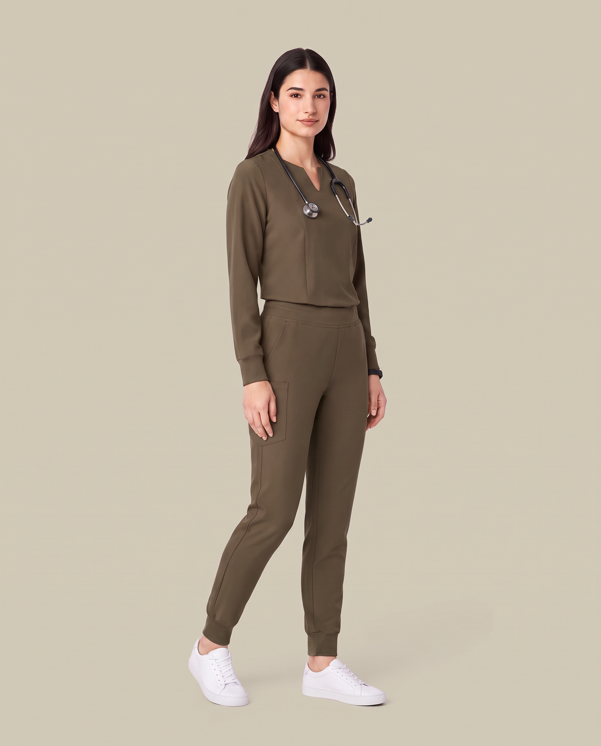 Long-Sleeve Notch Neck Top Olive