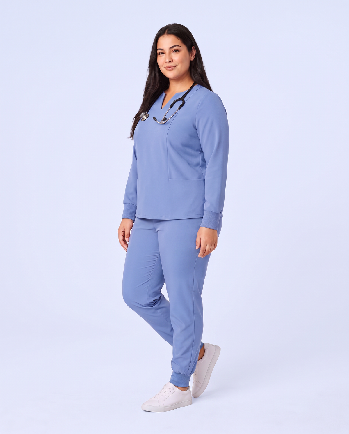 Long-Sleeve Notch Neck Top Ceil Blue