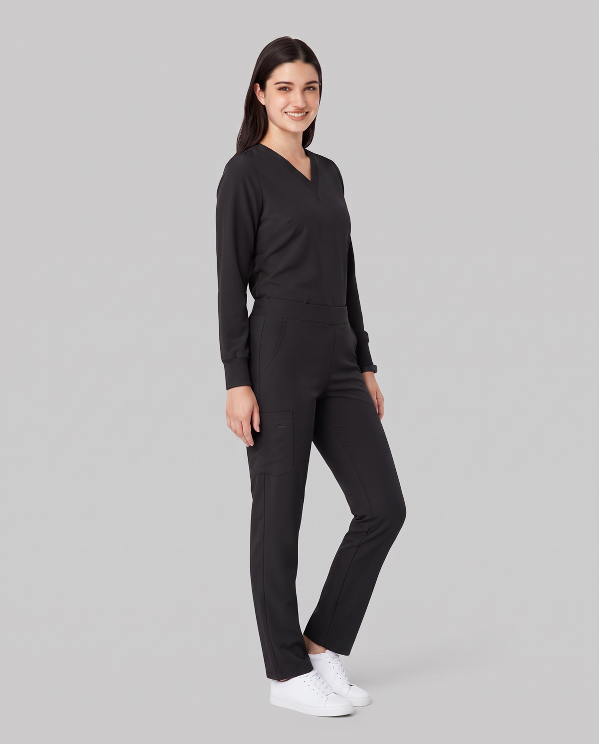 Long-Sleeve 6-Pocket V-neck Top Black