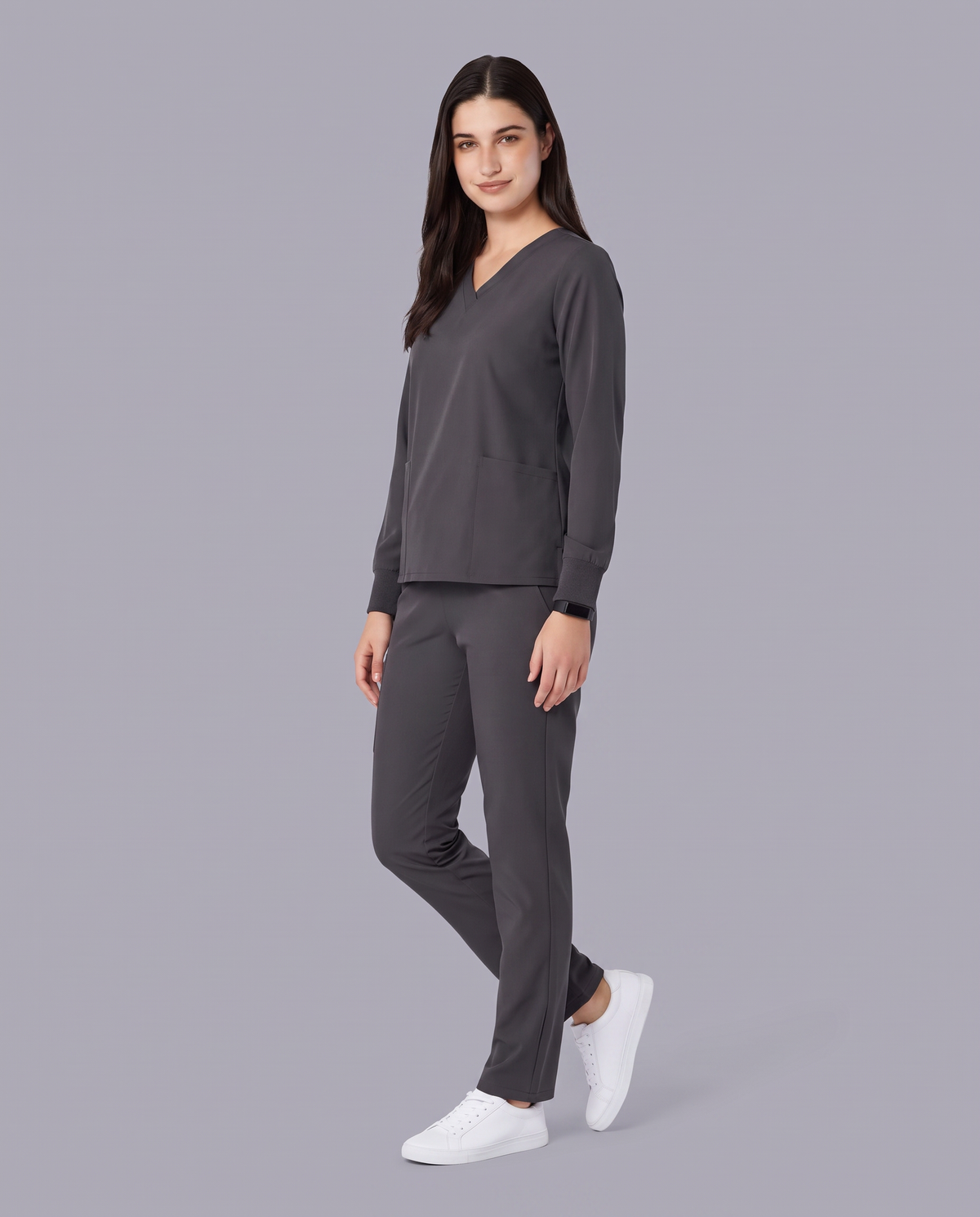 Long-Sleeve 6-Pocket V-neck Top Pewter