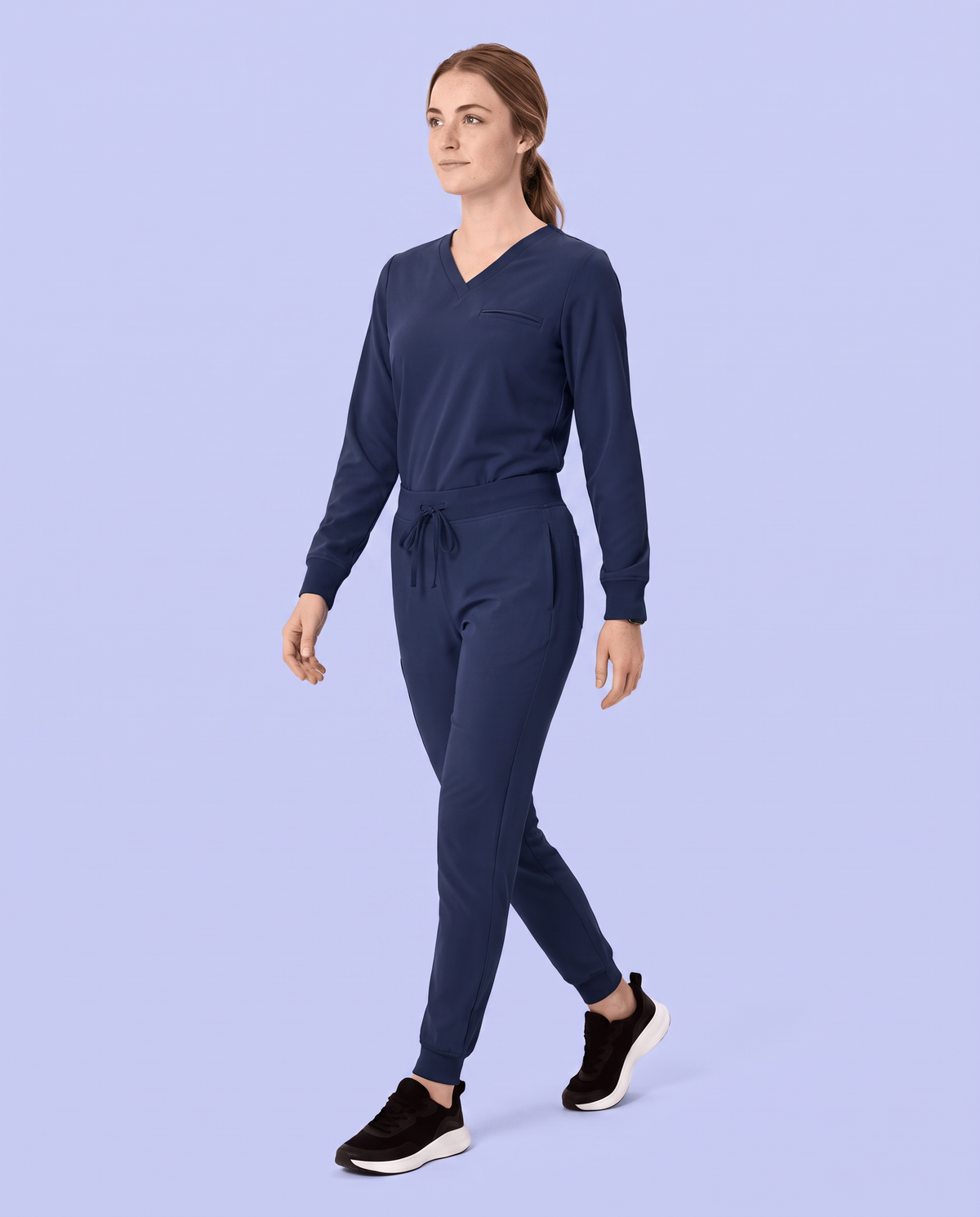 Long-Sleeve One-Pocket V-neck Top Navy