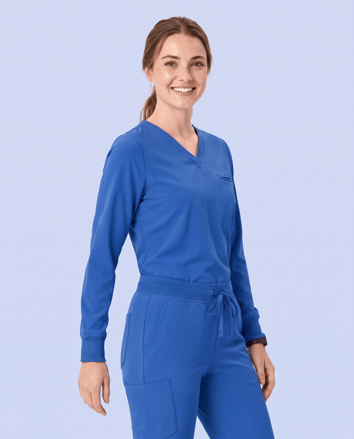 Long-Sleeve One-Pocket V-neck Top Royal Blue