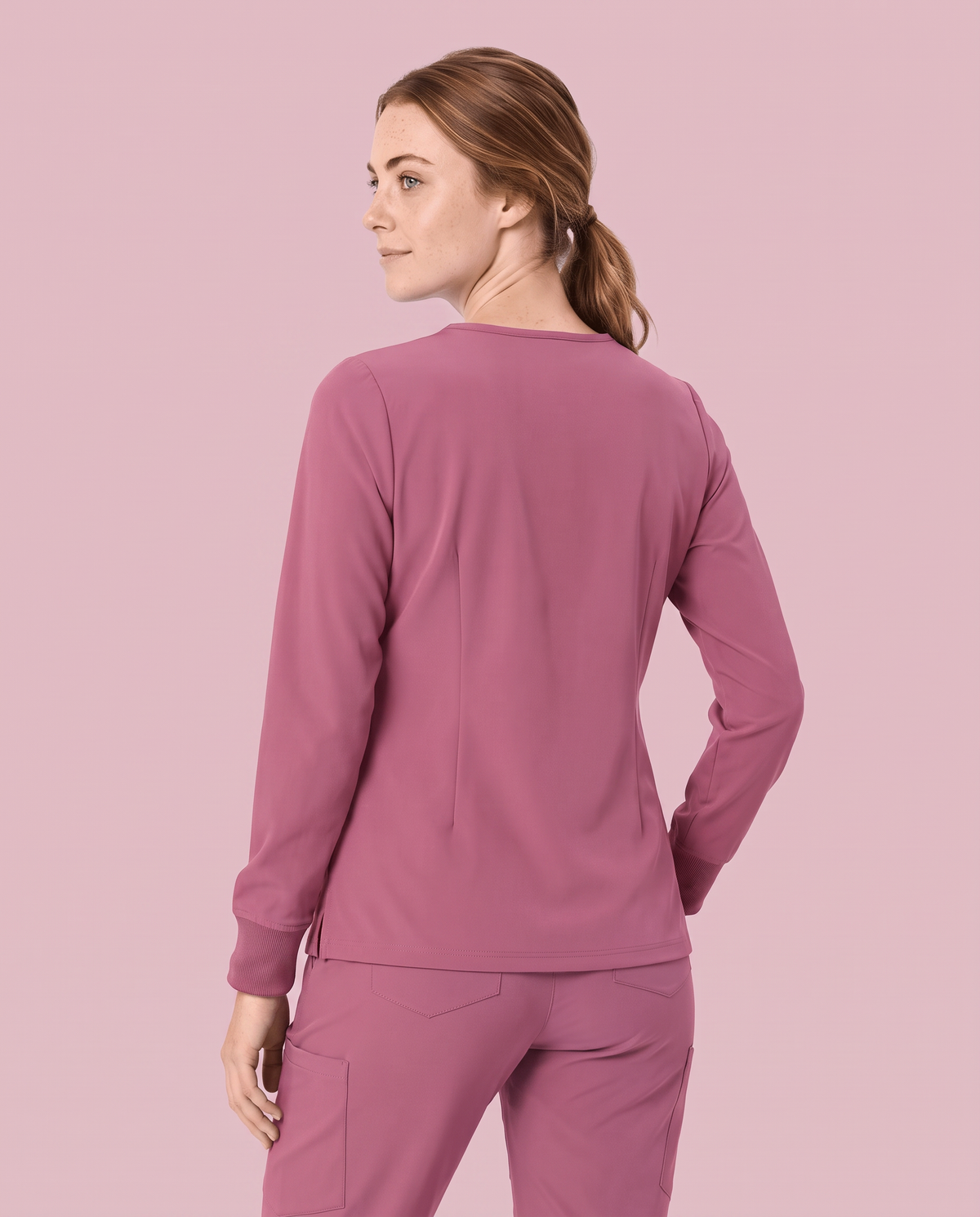 Long-Sleeve One-Pocket V-neck Top Mauve
