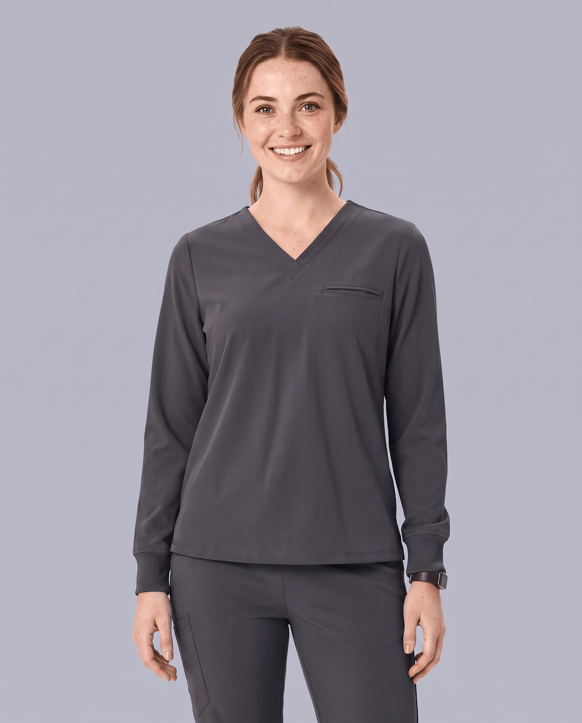 Long-Sleeve One-Pocket V-neck Top Pewter