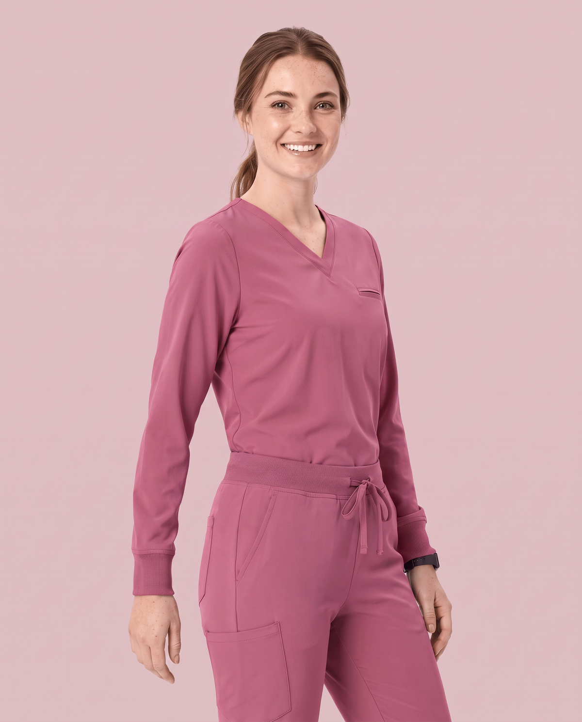 Long-Sleeve One-Pocket V-neck Top Mauve