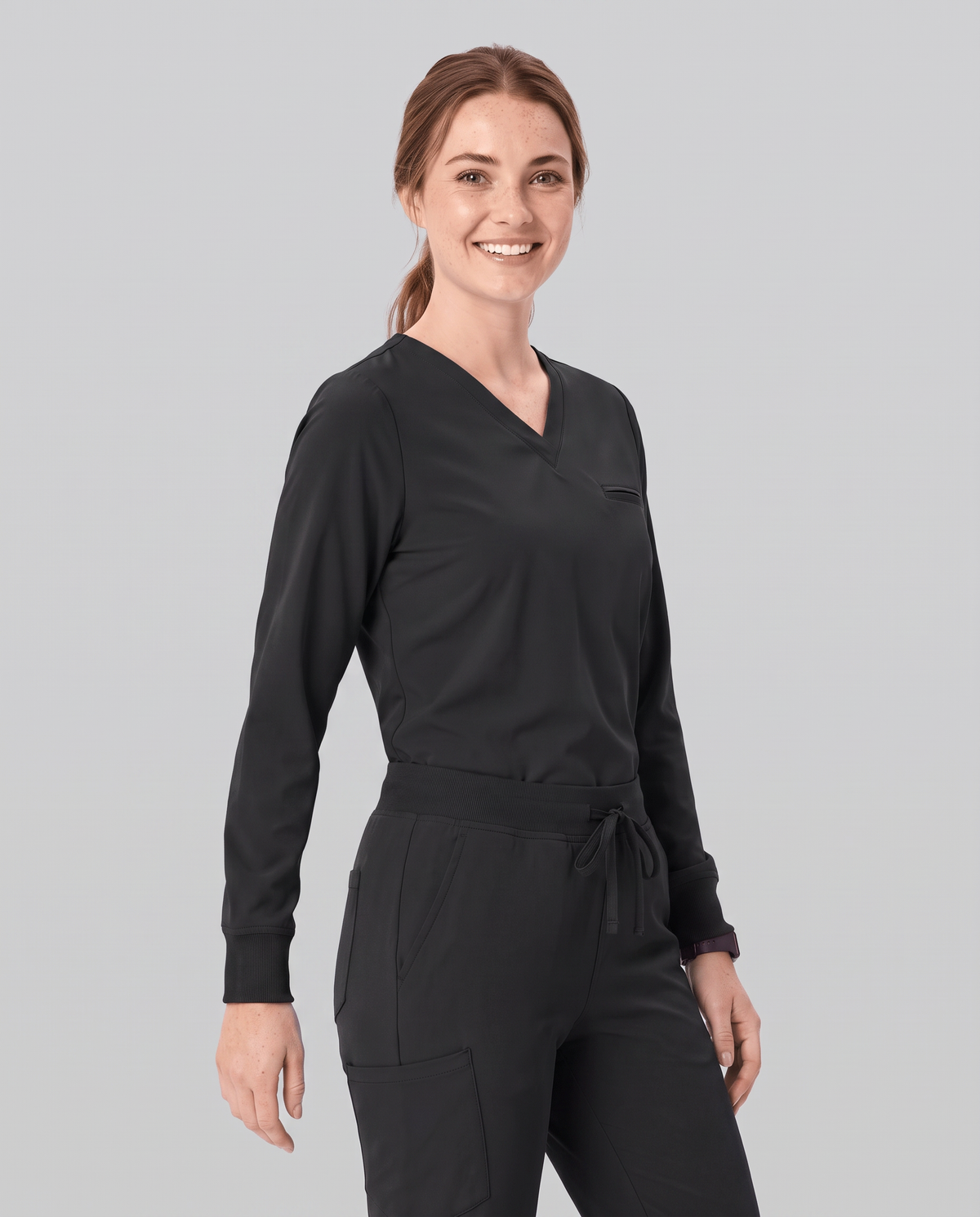 Long-Sleeve One-Pocket V-neck Top Black