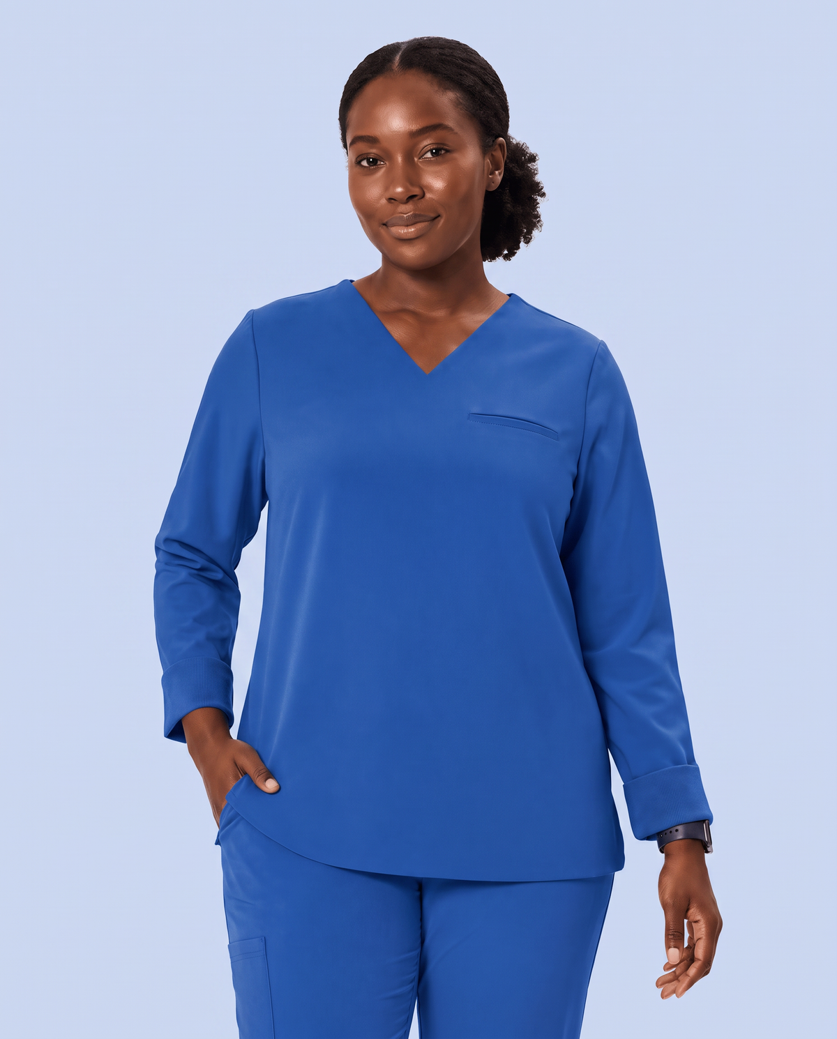 Long-Sleeve One-Pocket V-neck Top Royal Blue