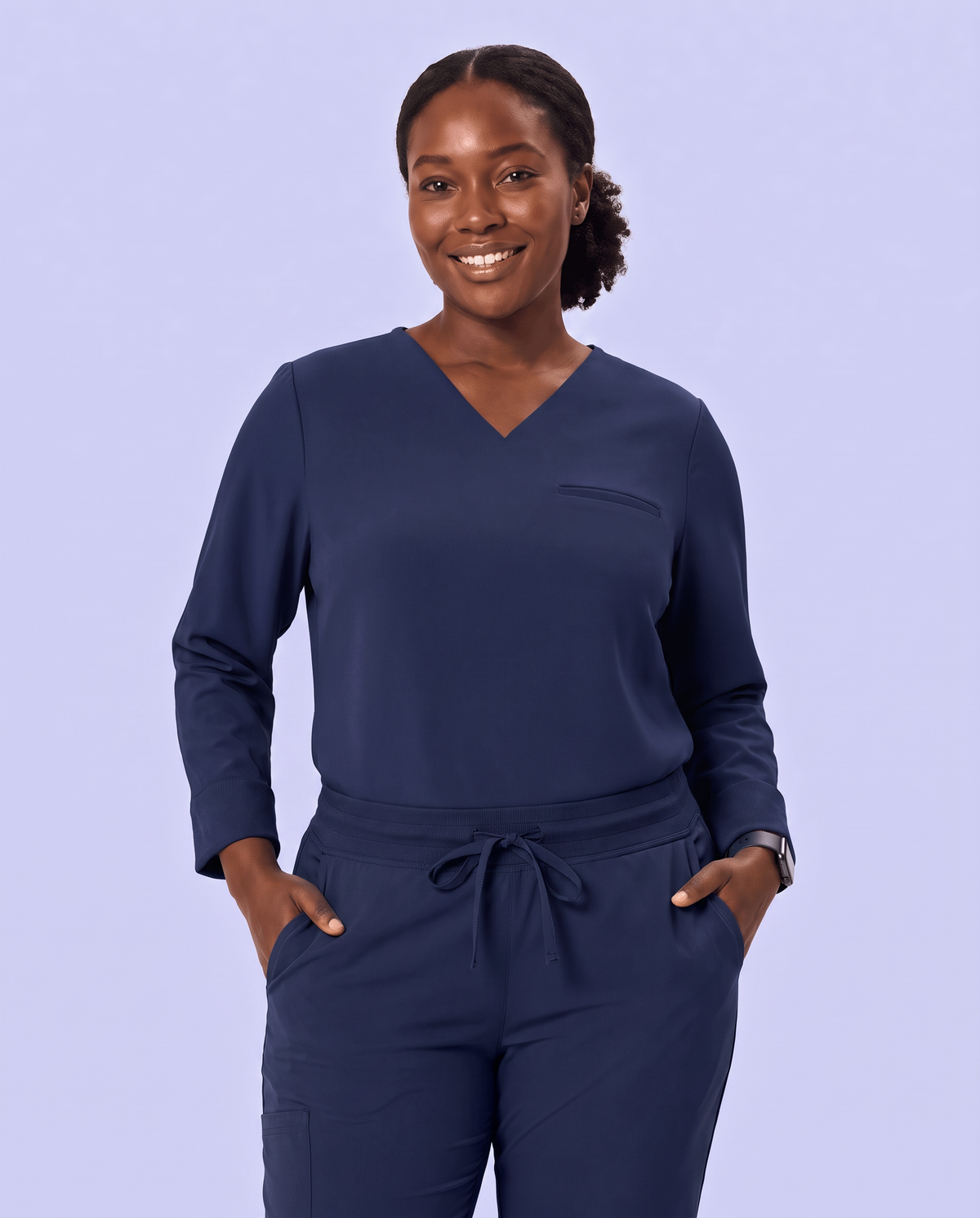 Long-Sleeve One-Pocket V-neck Top Navy