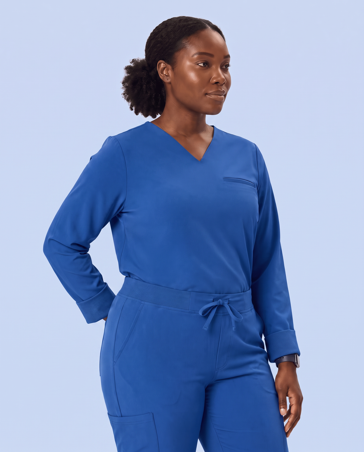 Long-Sleeve One-Pocket V-neck Top Royal Blue