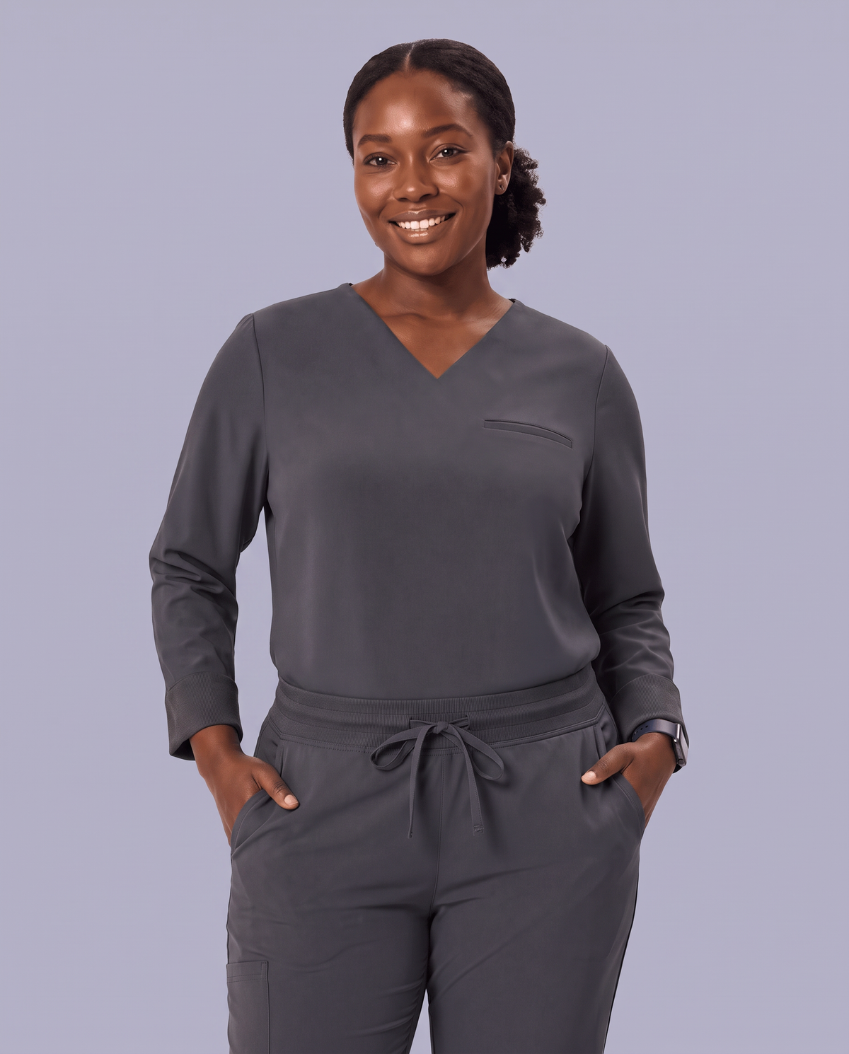 Long-Sleeve One-Pocket V-neck Top Pewter
