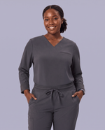 Long-Sleeve One-Pocket V-neck Top Pewter