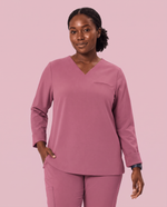 Long-Sleeve One-Pocket V-neck Top Mauve