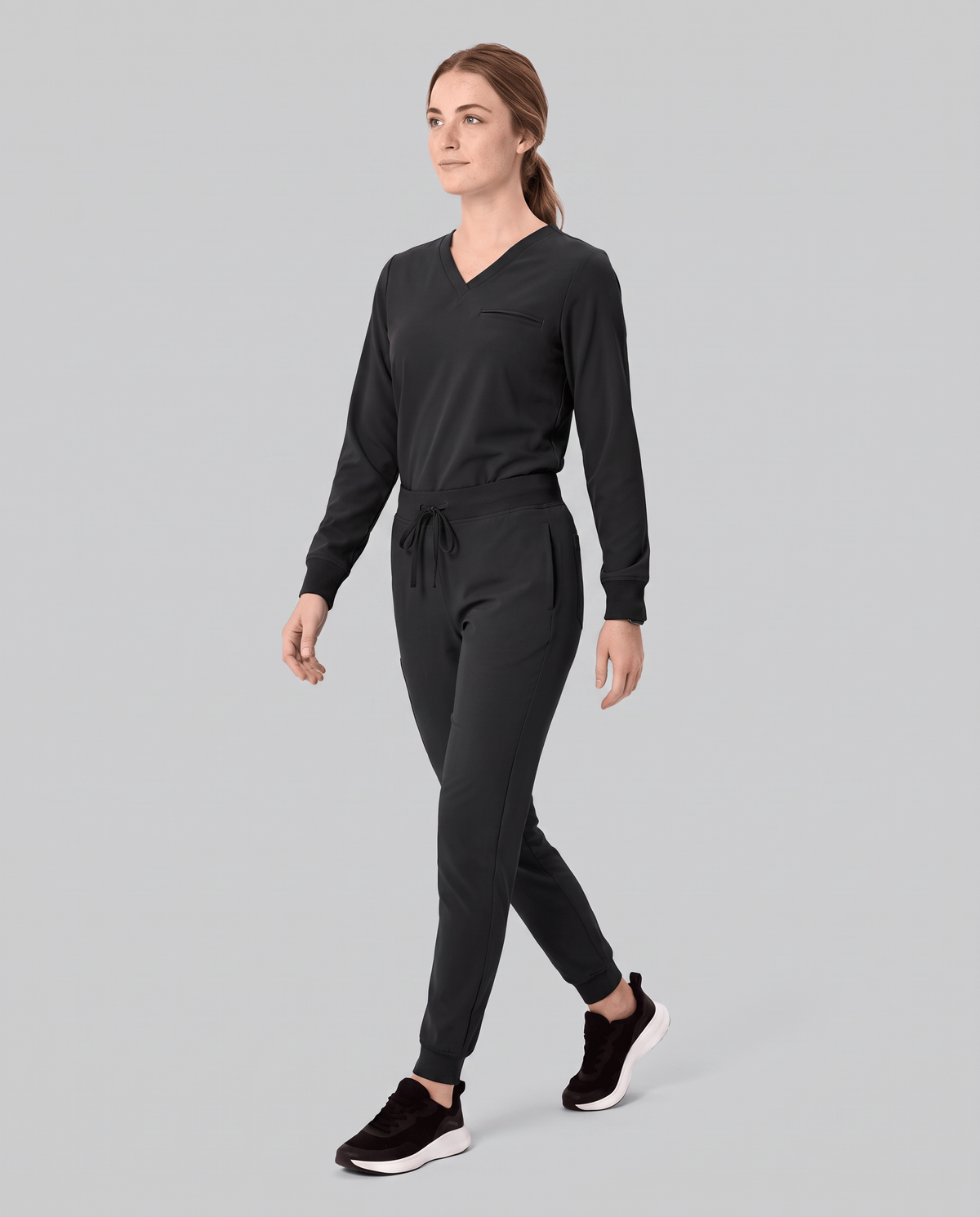 Long-Sleeve One-Pocket V-neck Top Black
