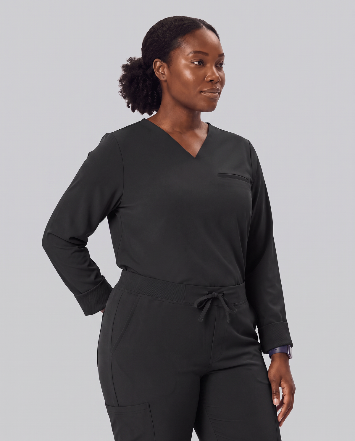 Long-Sleeve One-Pocket V-neck Top Black