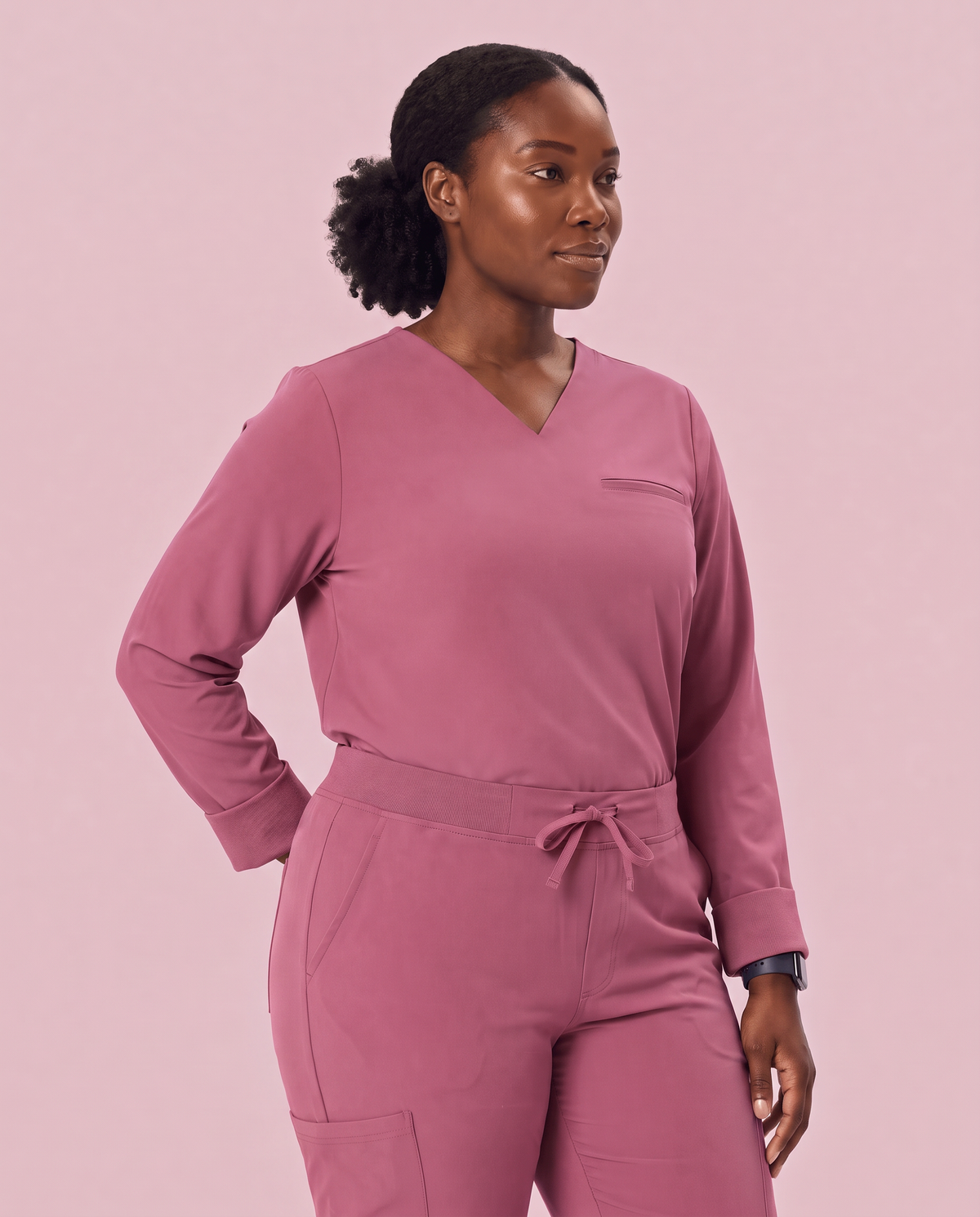 Long-Sleeve One-Pocket V-neck Top Mauve