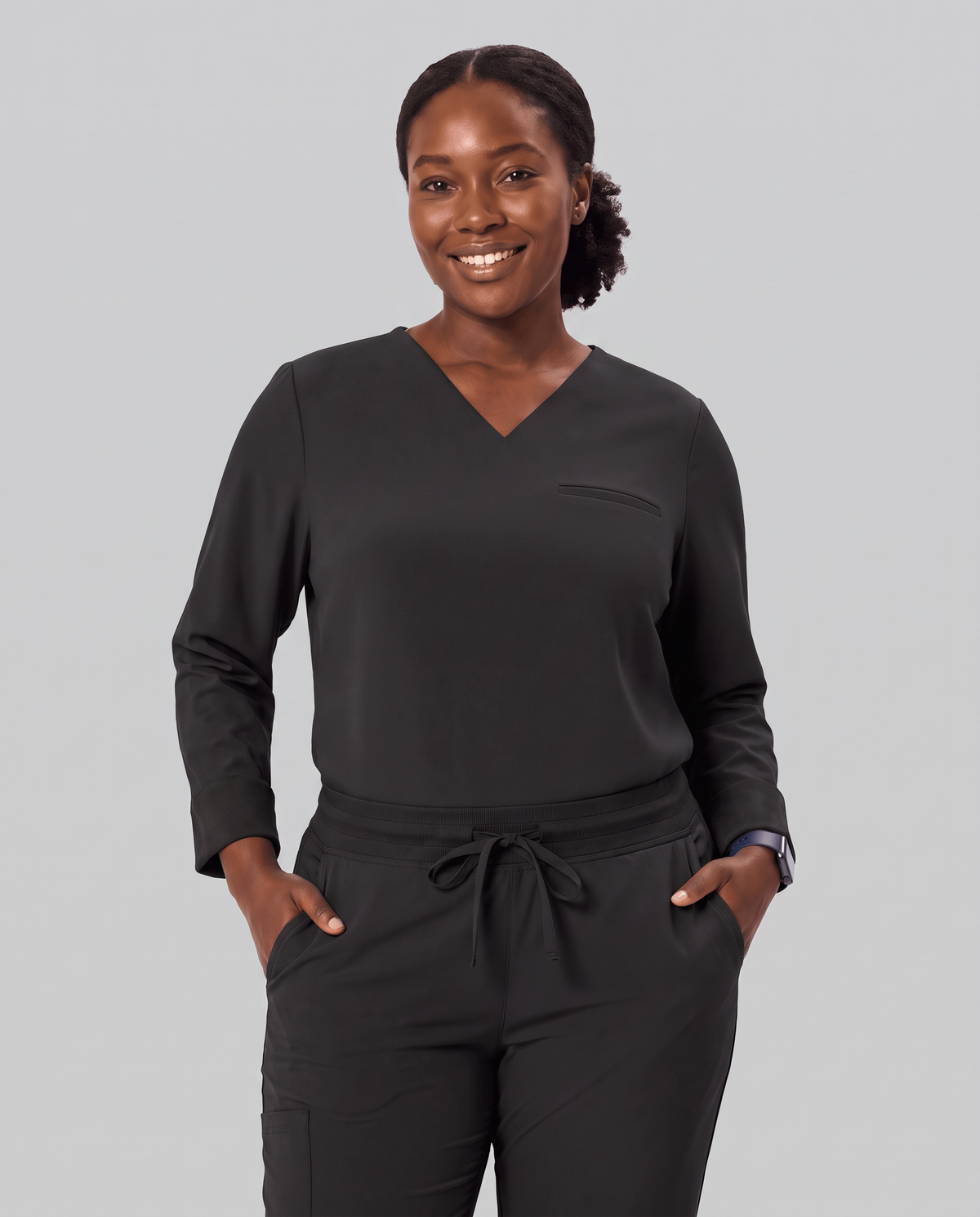 Long-Sleeve One-Pocket V-neck Top Black