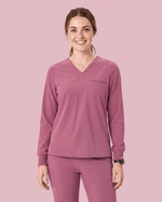 Long-Sleeve One-Pocket V-neck Top Mauve