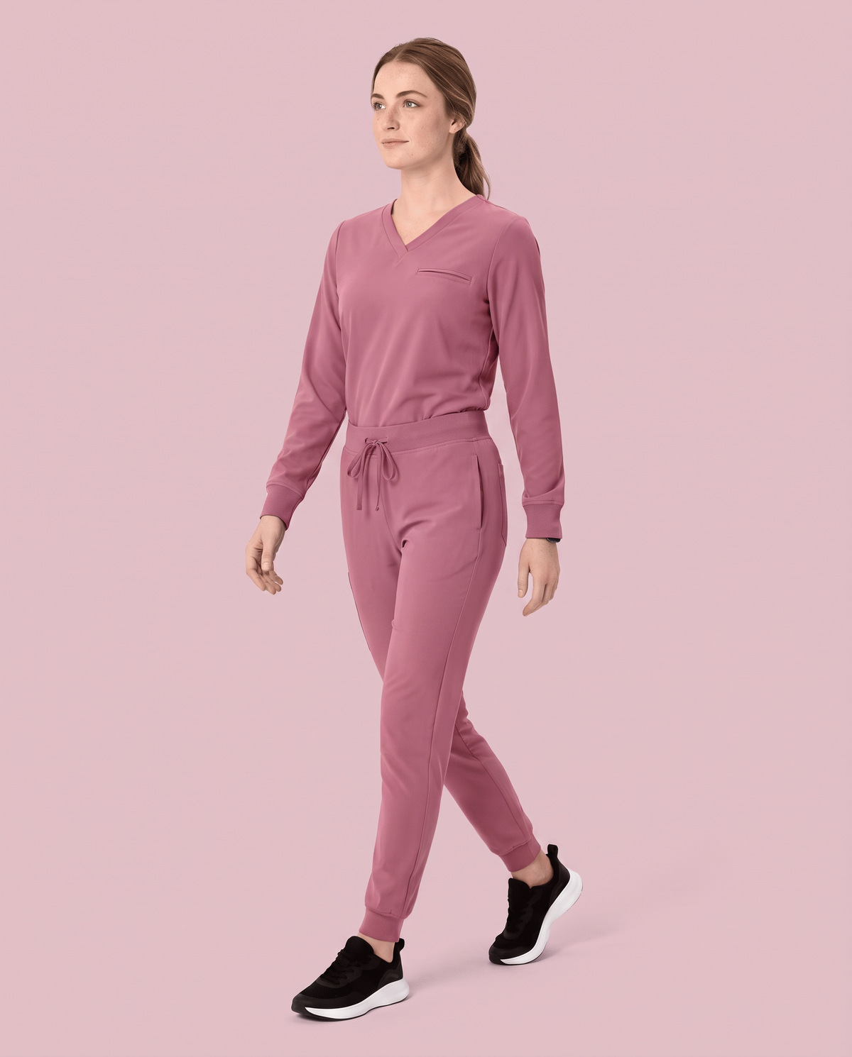 Long-Sleeve One-Pocket V-neck Top Mauve