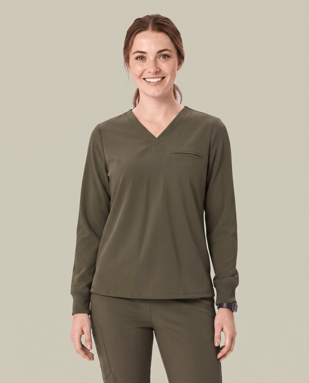 Long-Sleeve One-Pocket V-neck Top Olive
