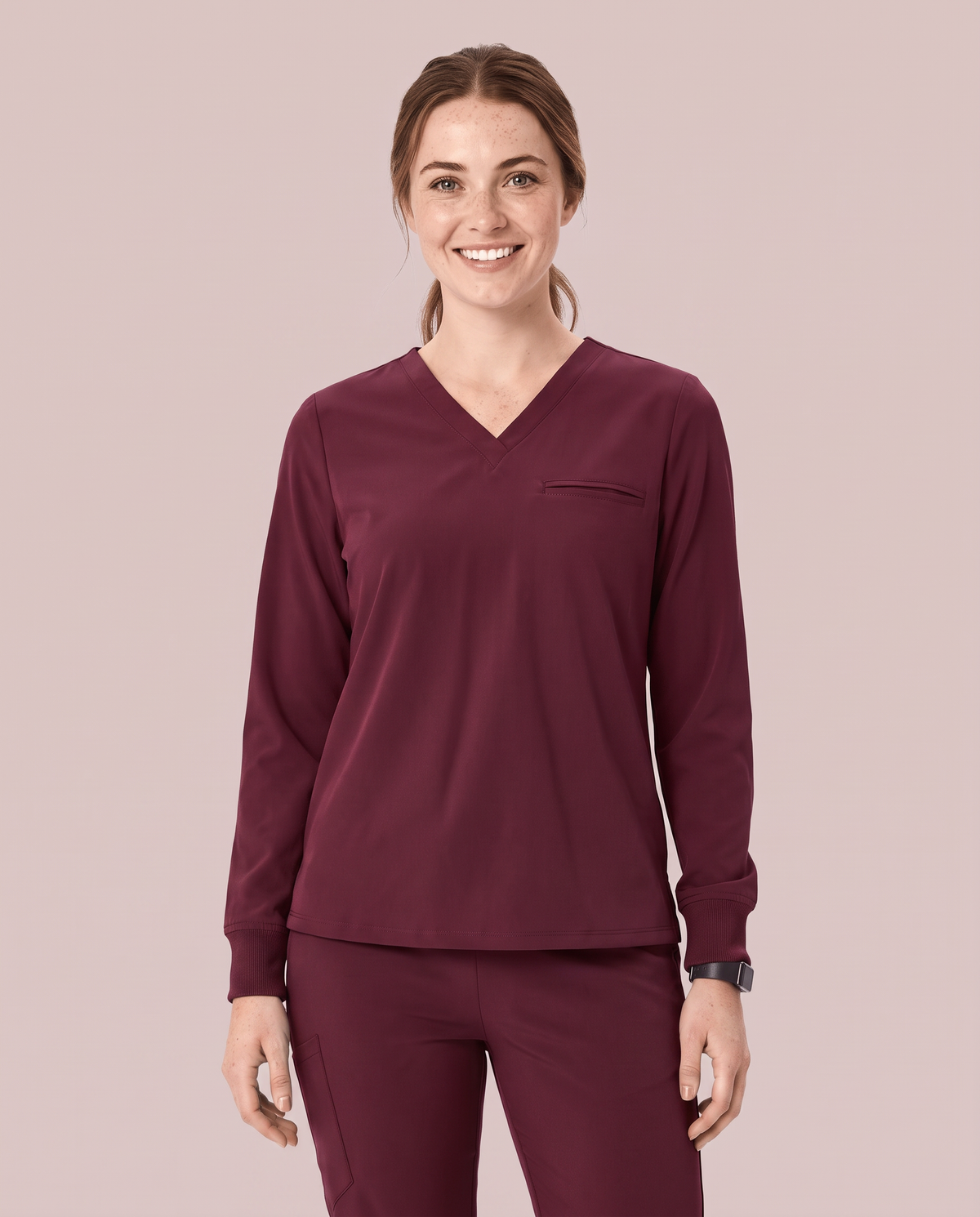Long-Sleeve One-Pocket V-neck Top Burgundy
