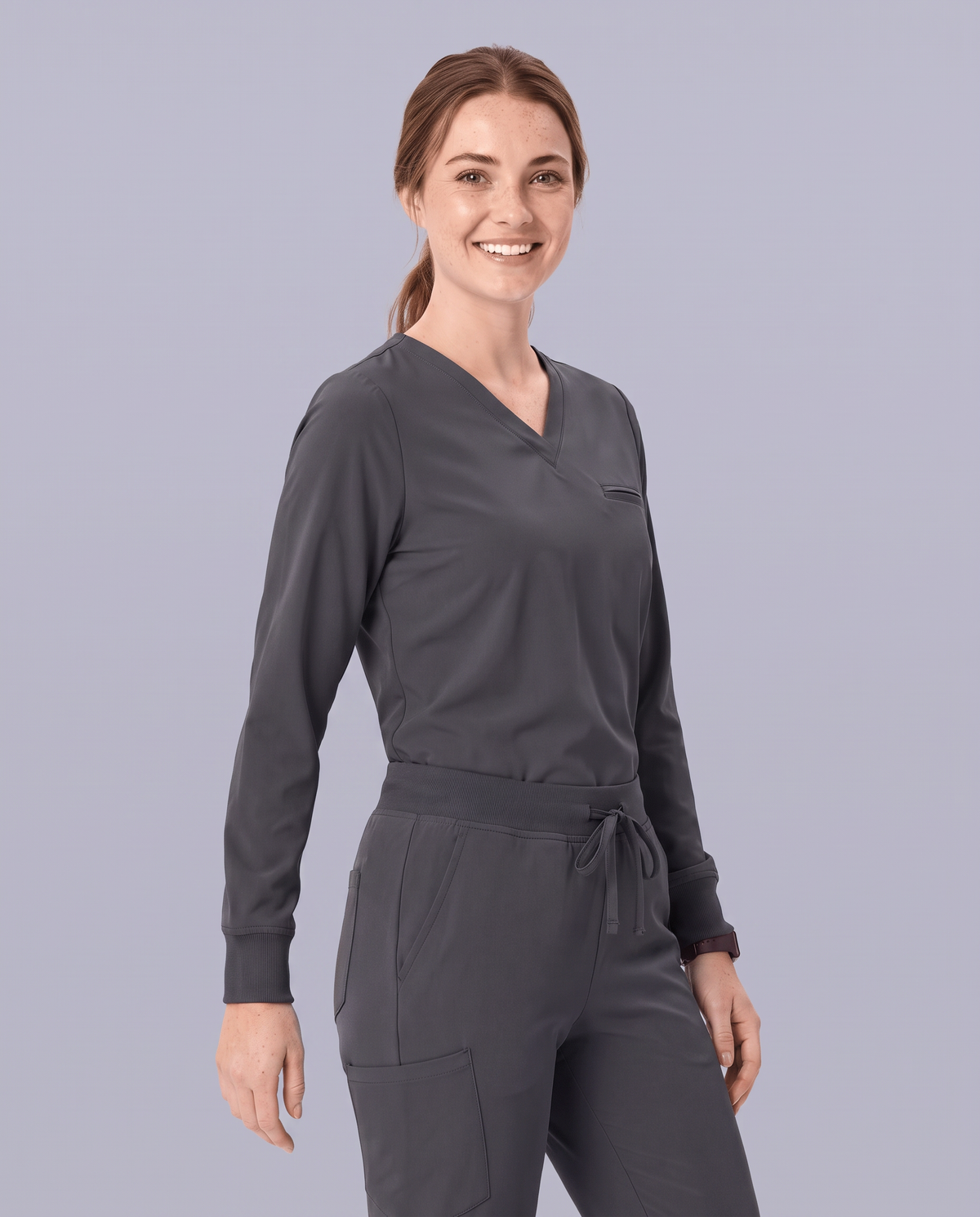 Long-Sleeve One-Pocket V-neck Top Pewter