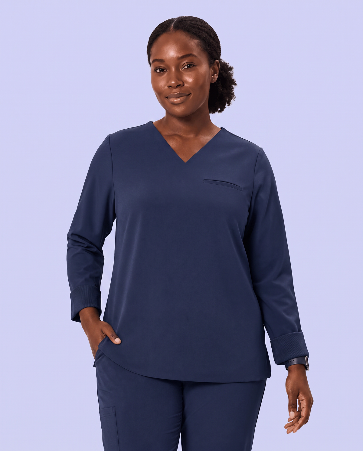 Long-Sleeve One-Pocket V-neck Top Navy