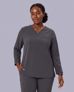 Long-Sleeve One-Pocket V-neck Top Pewter