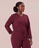 Long-Sleeve One-Pocket V-neck Top Burgundy