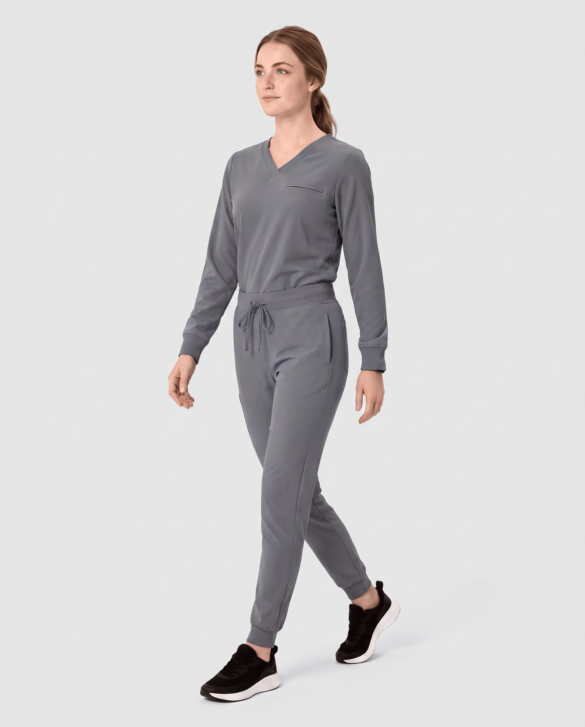 Long-Sleeve One-Pocket V-neck Top Heather Gray